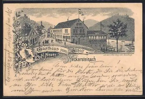 Lithographie Neckarsteinach, Gasthaus zum Schiff von H. Neuer