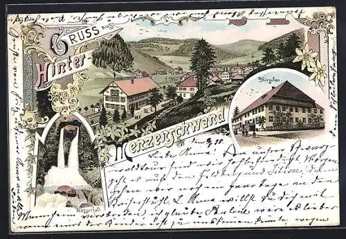 Lithographie Hinter-Menzenschwand, Ortsansicht, Gasthaus zum Hirschen, Wasserfall