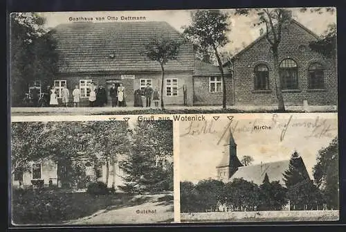 AK Wotenick, Gasthaus v. Otto Dettmann, Gutshof, Kirche