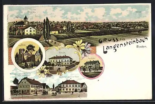 Lithographie Langensteinbach /Baden, Gasthaus z. grünen Baum v. Ludwig Dambacher, Gasthaus z. goldenen Sonne, Schule