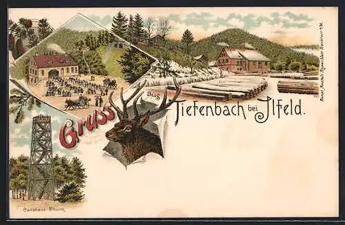 Lithographie Tiefenbach bei Ilfeld, Carlshaus-Thurm, Sägewerk im Winter, Gasthof