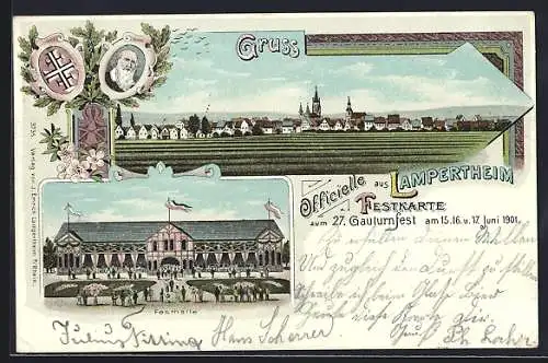 Lithographie Lampertheim, Festkarte zum 27. Gauturnfest 1901, Festhalle und Gesamtansicht