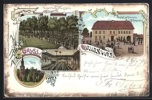 Lithographie Quellendorf, Gasthof zur Harmonie v. H. Poggemann mit Conzert-Garten, Kirche