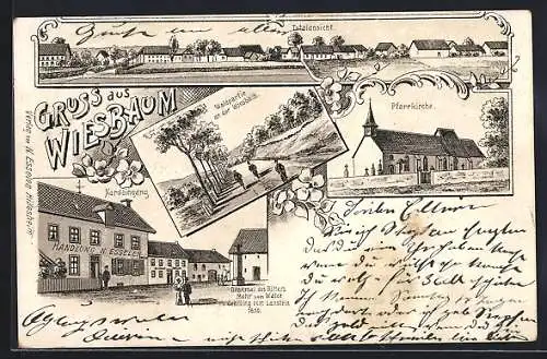 Lithographie Wiesbaum, Handlung N. Esselen, Denkmal des Ritters Mohr vom Walde, Pfarrkirche