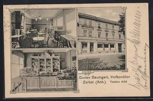 AK Zerbst / Anhalt, Cafe von Gustav Baumgart, Innen- und Aussenansicht