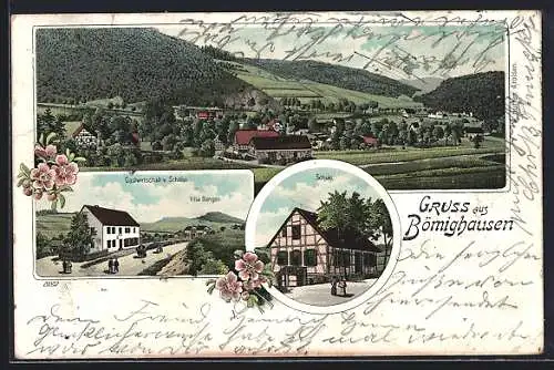 Lithographie Bömighausen, Gasthaus v. Schäfer und Villa Bangen, Schule, Gesamtansicht