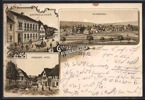 Lithographie Wilferdingen, Gasthaus zum Adler, Strassenpartie Ortsgruppe Wette