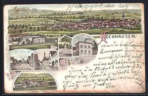 Lithographie Hochhausen /Tauber, Gasthof z. Engel, Post-Agentur, Schule, Gasthaus z. Eisenbahn, Bahnhof