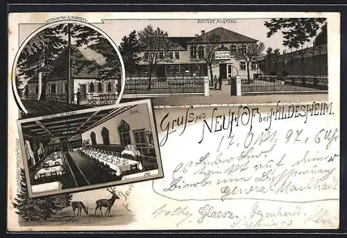 Lithographie Neuhof bei Hildesheim, Restaurant Klingenberg v. Ad. Grebe mit Saal