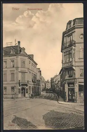 AK Trier, Schanzstrasse mit Geschäften und Strassenbahn