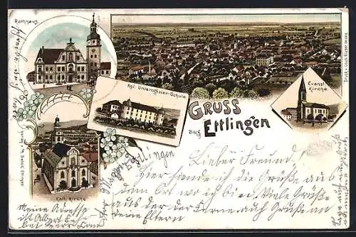 Lithographie Ettlingen, Königliche Unteroffizier-Schule, Evangelische Kirche, Rathaus