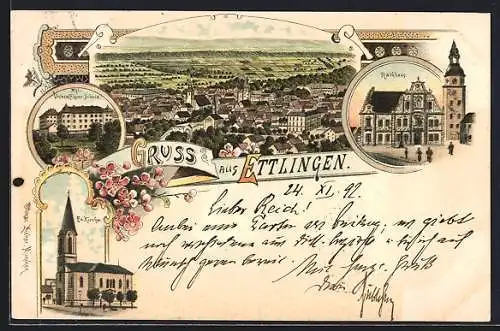 Lithographie Ettlingen, Unteroffizier-Schule, Rathaus, Ev. Kirche, Ortsansicht mit Fernblick aus der Vogelschau