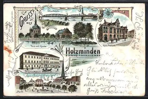 Lithographie Holzminden, Baugewerkschule, Markt, Kaiserl. Postamt