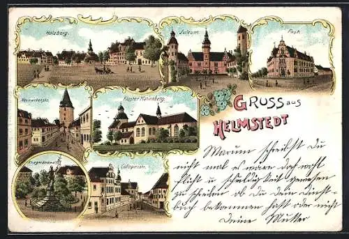 Lithographie Helmstedt, Neumärkerstrasse, Kriegerdenkmal, Collegienstrasse, Post