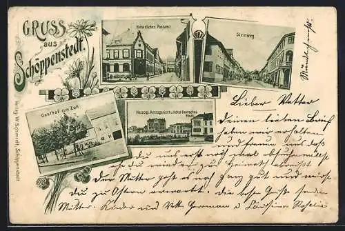 Lithographie Schöppenstedt, Gasthof zum Zoll, Kaiserliches Postamt, Steinweg