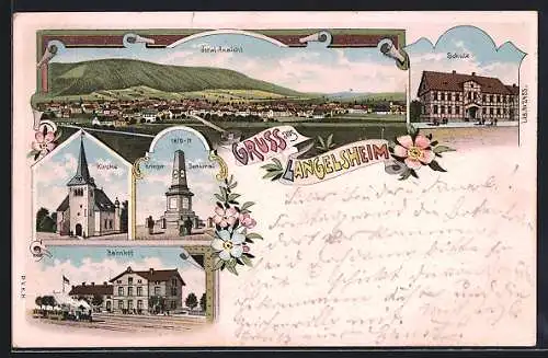 Lithographie Langelsheim, Bahnhof, Kriegerdenkmal, Schule, Totalansicht mit Umgebung