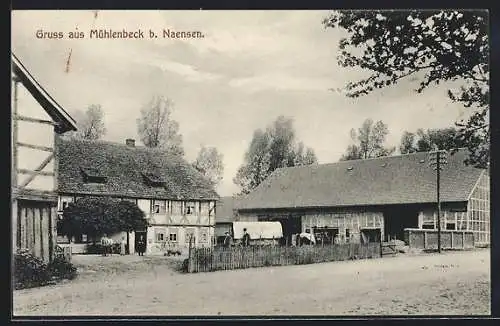 AK Mühlenbeck / Naense, Gutshof mit Leuten und Wagen