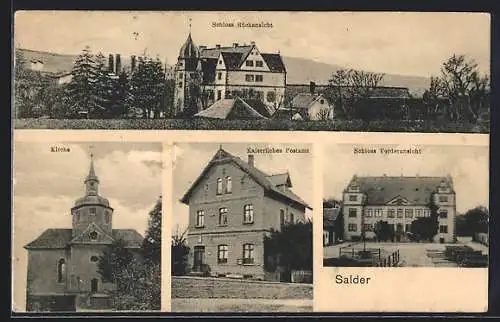 AK Salder, Postamt, Schloss, Vorderansicht, Rückansicht-Panorama, Kirche