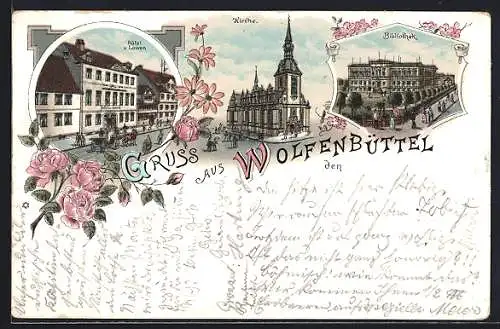 Lithographie Wolfenbüttel, Hotel zum Löwen, Bibliothek und Kirche mit Strasse