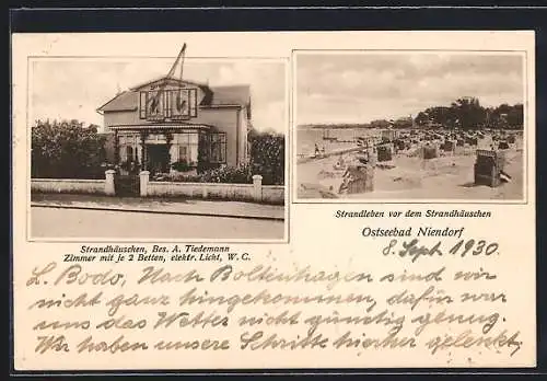 AK Niendorf /Ostsee, Hotel Strandhäuschen A. Tiedemann, Strandleben vor dem Strandhäuschen