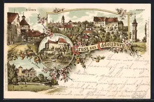 Lithographie Cadolzburg, Burg, Süd- u. Westansicht, Burgausgang, Aussichtsturm, Ortsansicht