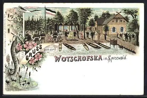 Lithographie Lübbenau /Spreewald, Gasthof Wotschofska, Panorama mit Kähnen vom Wasser aus, Aal am Angelhaken