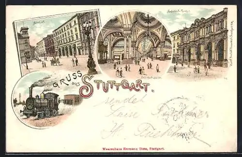 Lithographie Stuttgart, Bahnhof mit Passanten, Bahnhof-Halle, Bahnhof-Portal, Eisenbahn