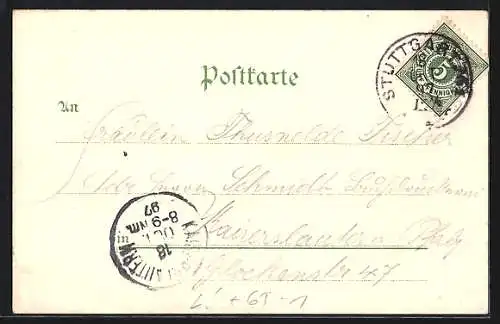 Lithographie Stuttgart, Bahnhof mit Passanten, Bahnhof-Halle, Bahnhof-Portal, Eisenbahn