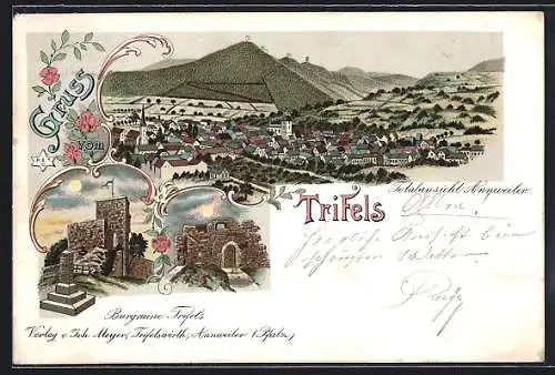 Lithographie Annweiler, Burgruine Trifels, Totalansicht