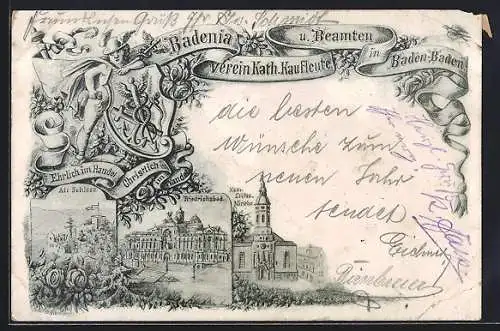 Künstler-AK Baden-Baden, Wappen Verein Kath. Kaufleute u. Beamten Badenia, Friedrichsbad, Alt Schloss, Stiftskirche