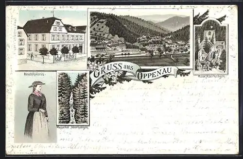 Lithographie Oppenau, Gasthaus zum Ochsen, Renchthälerin, Ortsansicht, Wasserfall u. Ruine Allerheiligen