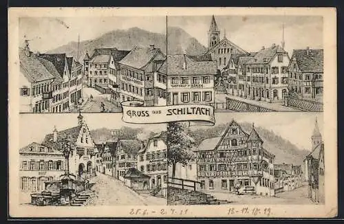 Künstler-AK Schiltach, Strassenpartien mit Gasthaus zum Ochsen und Säulendenkmal