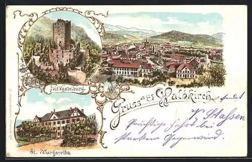 Lithographie Waldkirch / Breisgau, Teilansicht, Die Kastelburg, St. Margaretha