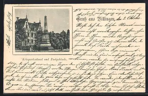 Lithographie Villingen / Baden, Kriegerdenkmal und Postgebäude