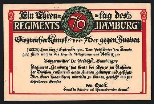 AK Ehrentag de 76. Regiments Hamburg, Sieg im Kampf gegen Zuaven