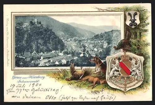 Passepartout-Lithographie Hornberg /Schwarzwald, Gesamtansicht im Tal, Wappen und erlegtes Wild