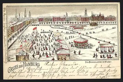 Winter-Lithographie Hamburg, Die Binnenalster im Winter