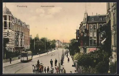 AK Flensburg, Strassenbahn auf der Apenraderstrasse