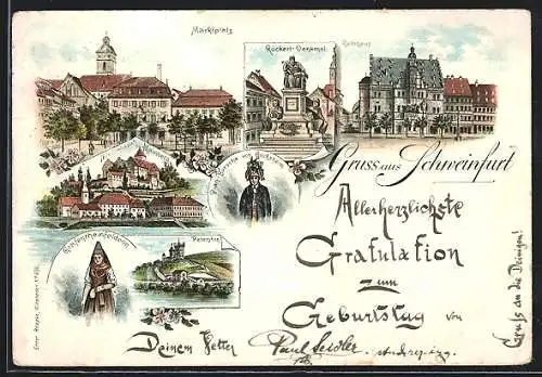 Vorläufer-Lithographie Schweinfurt, 1894, Marktplatz, Rückert-Denkmal, Rathhaus, Plan-Bursche von Gochsheim, Peterstirn