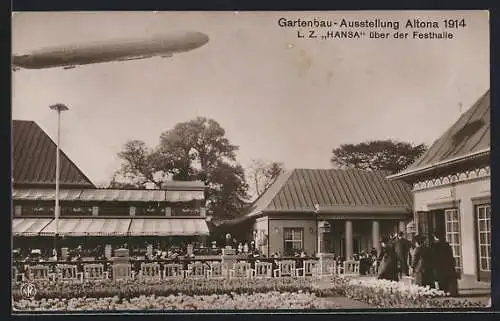 AK Altona, Gartenbau-Ausstellung 1914, Zeppelin LZ Hansa über der Festhalle