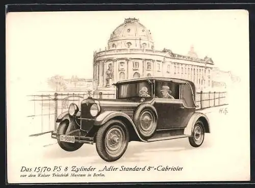 Künstler-AK Berlin, Auto Adler Standard 8-Cabriolet mit dem Kennzeichen IZ-55910 vor dem Kaiser Friedrich Museum