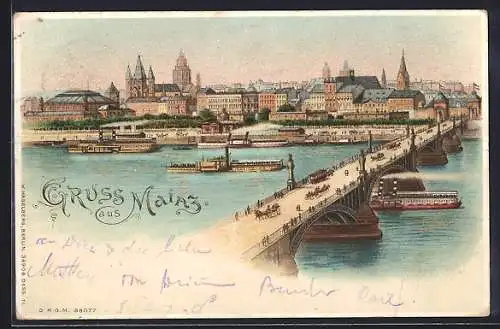 Lithographie Mainz, Dampfer an der Rheinbrücke, Halt gegen das Licht: Häuser der Stadt mit beleuchteten Fenstern