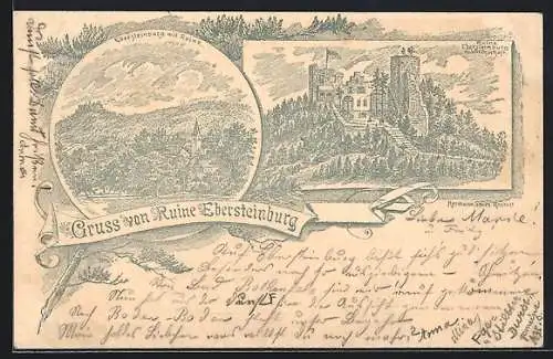 Vorläufer-Lithographie Ebersteinburg, 1895, Ruine mit Gasthof, Ortsansicht mit Ruine