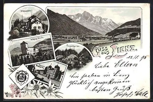 Vorläufer-Lithographie Lienz, 1895, Schiessstätte, Schloss Bruck, Strassenpartie am unteren Stadtplatz, Tristacher See