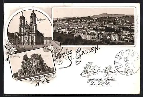 Vorläufer-Lithographie St. Gallen, 1892, Unionbank, Kathedrale, Ortsansicht aus der Vogelschau