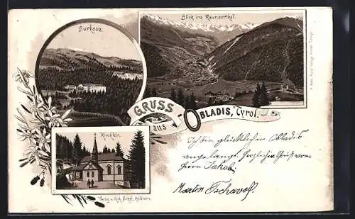 Vorläufer-Lithographie Obladis /Tirol, 1895, Kurhaus, Kirchlein, Blick ins Kaunserthal