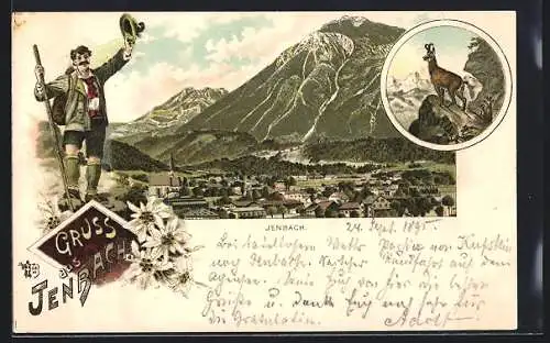 Vorläufer-Lithographie Jenbach, 1895, Ortsansicht mit Bergen, Gemse, grüssender Bergsteiger in Tracht