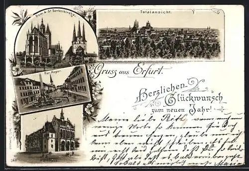 Vorläufer-Lithographie Erfurt, 1893, Anger, Rathaus, Dom & Severikirche, Neujahrsgruss