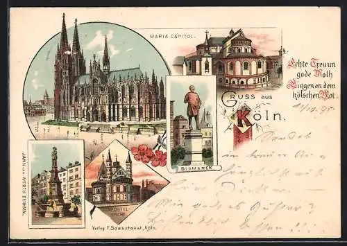 Vorläufer-Lithographie Köln, 1895, Maria Capitol, Jahn van Werth Denkmal, Apostel-Kirche, Bismarckdenkmal, Dom