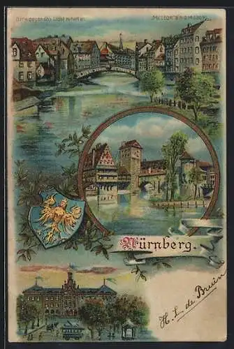 Lithographie Nürnberg, Partie am Henkersteg, Halt gegen das Licht: Vollmond